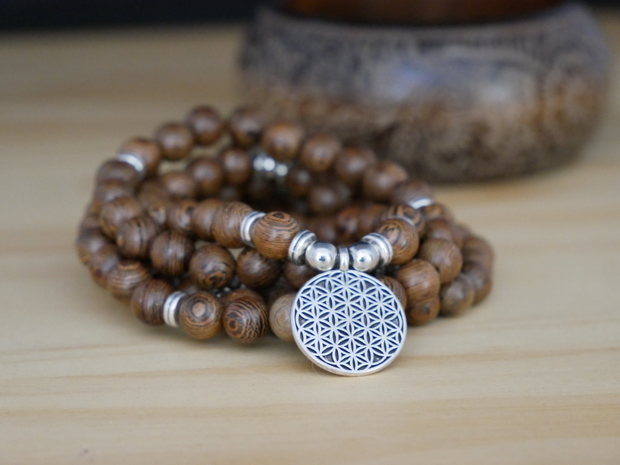 LABRADORITE & WOOD Mala Beads with SILVER Suede Tassel | 108 Bead Crystal  Mala Yoga Necklace | Om Meditation Beads by Mayan Rose MayanRose