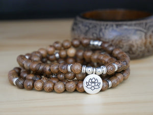 Wooden Mala Beads with Lotus Flower